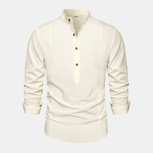 Autumn Solid Color Stand Collar Casual Long Sleeve Cotton And Linen Men's Shirt