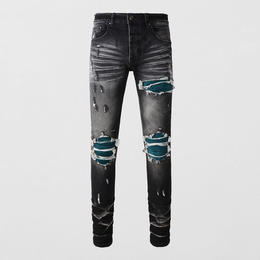 Leisure Washed-out Make Old Ripped Patch Button Jeans