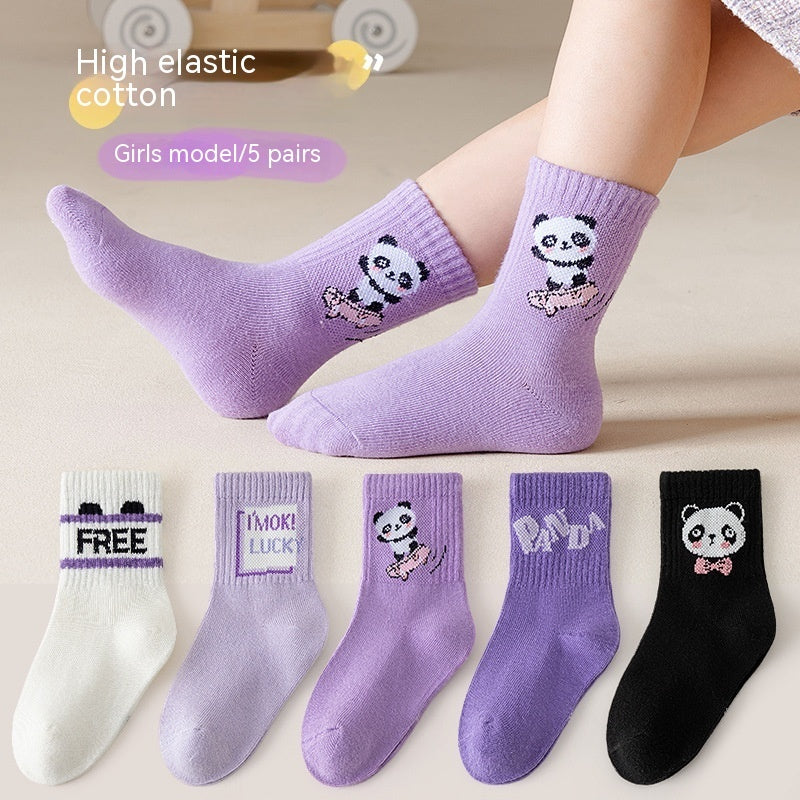 Autumn And Winter Purple Panda Cartoon Mid Tube Cotton Socks